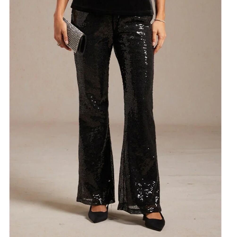 Giddy Up Glamour NWOT Elastic Belted / Waist Black Shiny Sequin Wide Leg Pants L